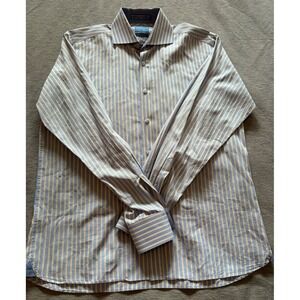 Haines & Bonner London Mens Blue Yellow Striped Cotton Dress Shirt 16.5 34/35